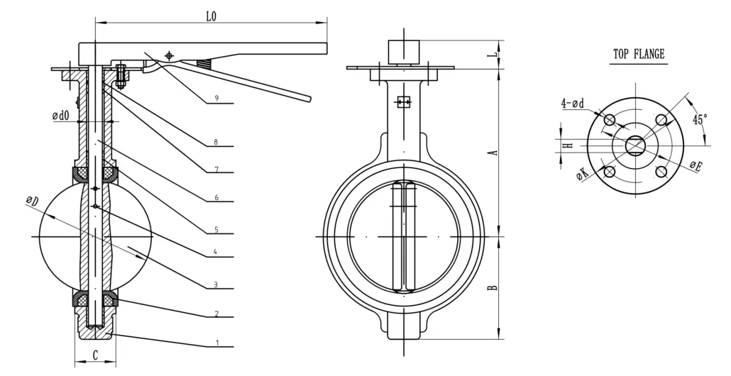 Wafer butterfly valve earless drawing