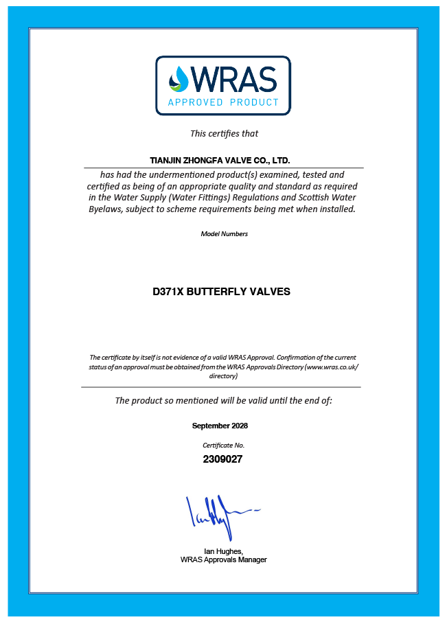 certificates wras of zfa valve