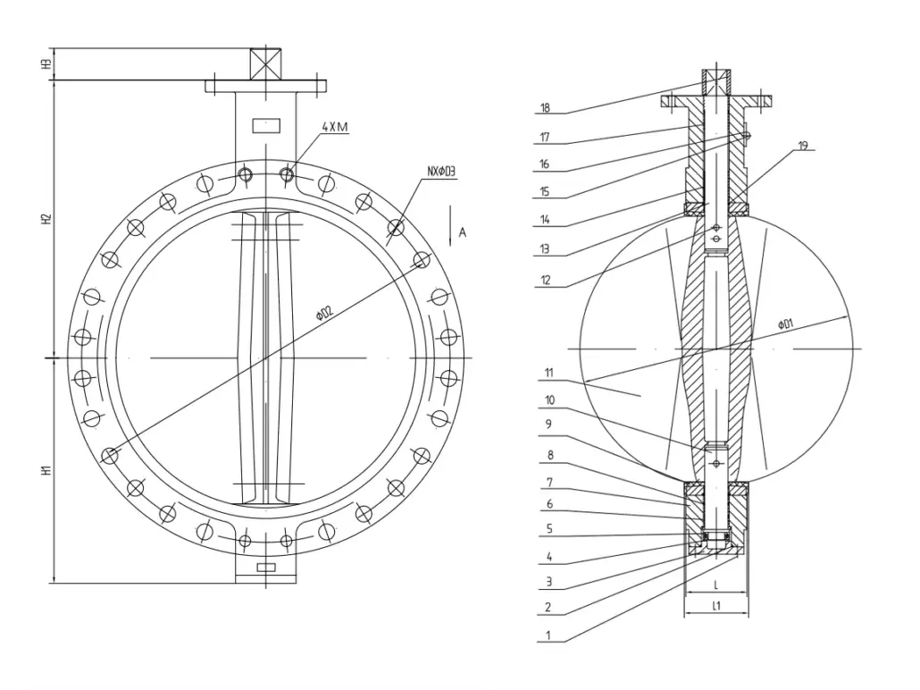 single flange butterfly valve drawing