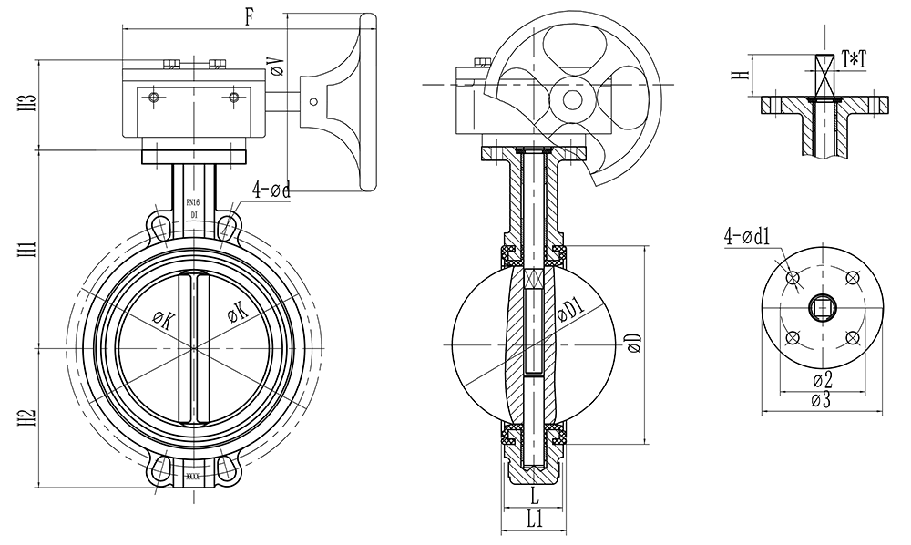 DN50-DN350-worm-gear-wafer-butterfly-valve-drawing